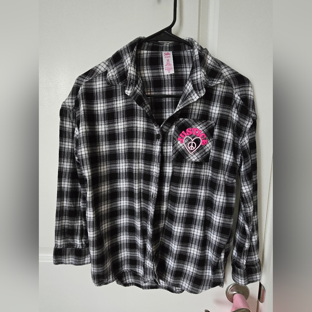 Justice Black and White Plaid Button Down Shirt